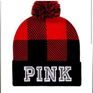 Victoria’s Secret Pink Plaid Beanie with Sequin Bling Cozy Pom Beanie